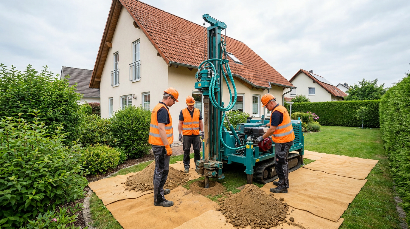 Bohrgerät für eine Erdwärme-Bohrung im Garten eines Einfamilienhauses.