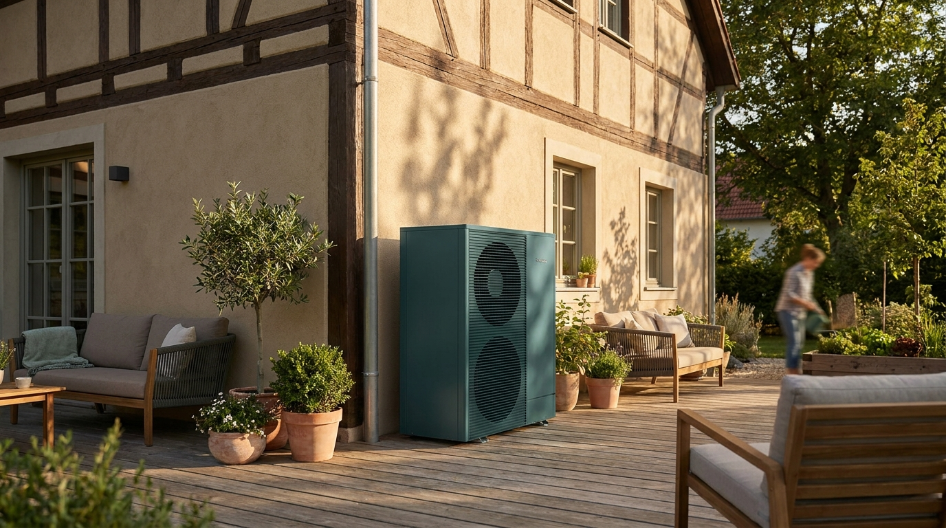 Wärmepumpe auf der Terrasse eines Wohnhauses, ruhige Wohnsituation.