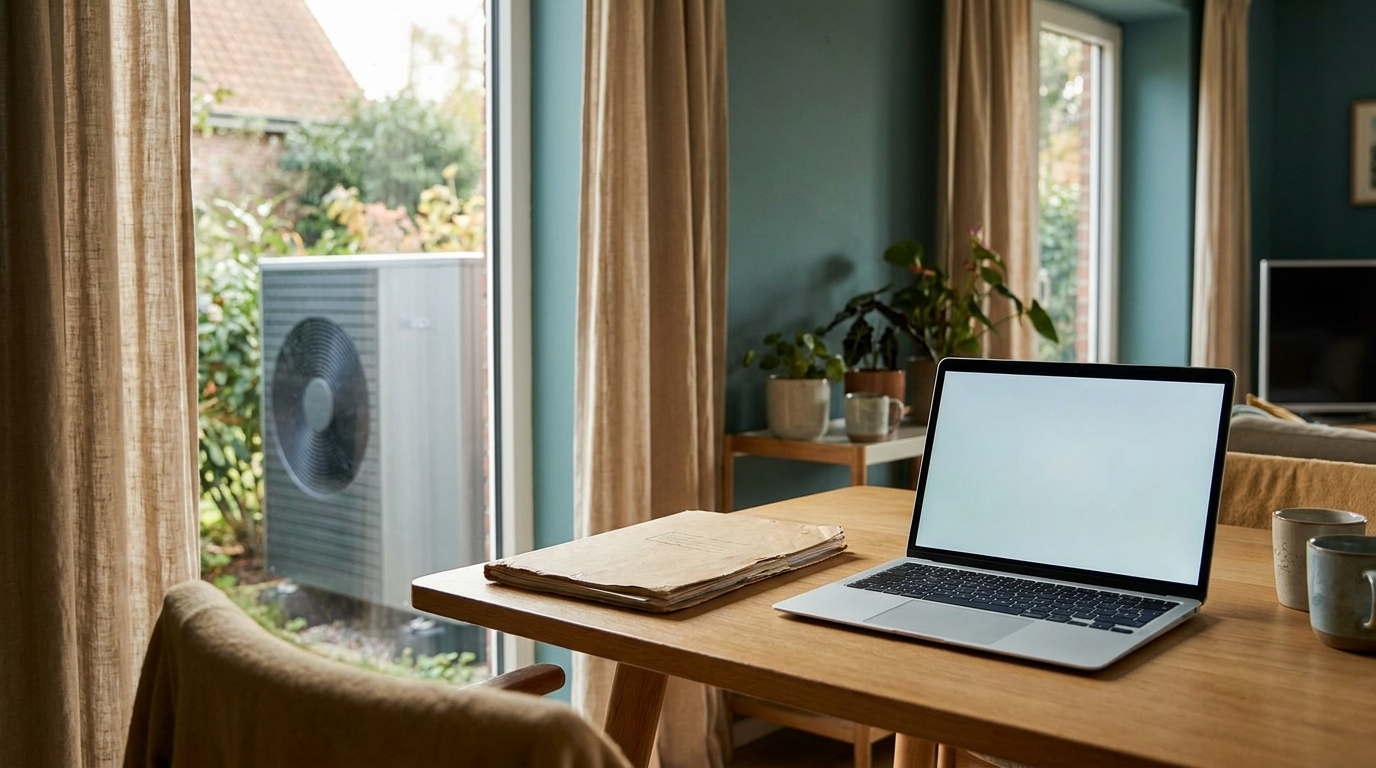 Schreibtisch mit Laptop und Unterlagen, durch das Fenster eine Wärmepumpe im Garten.