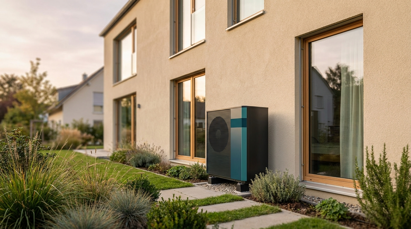 Moderne Luft-Wasser-Wärmepumpe an einem Einfamilienhaus mit Garten im Morgenlicht.