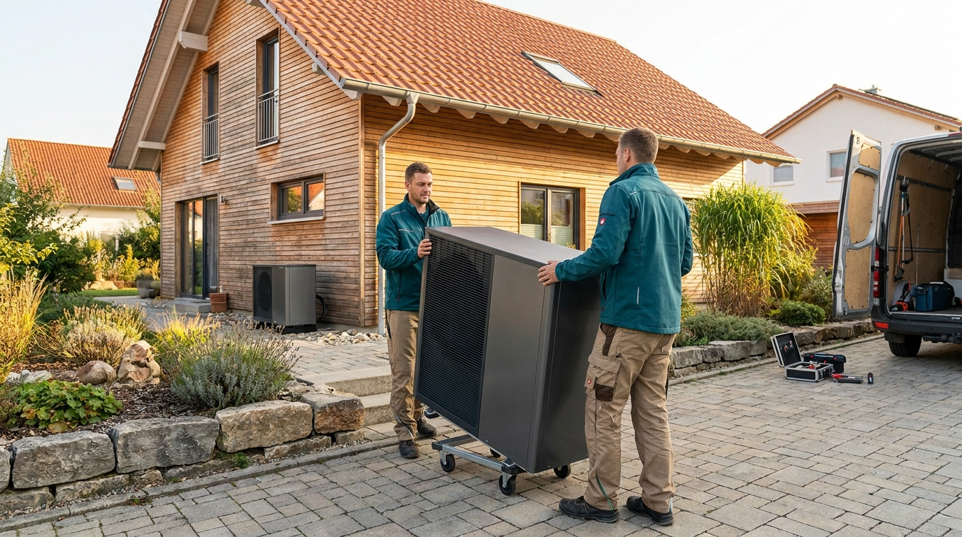 Neue Wärmepumpe wird an einem Wohnhaus geliefert und installiert.