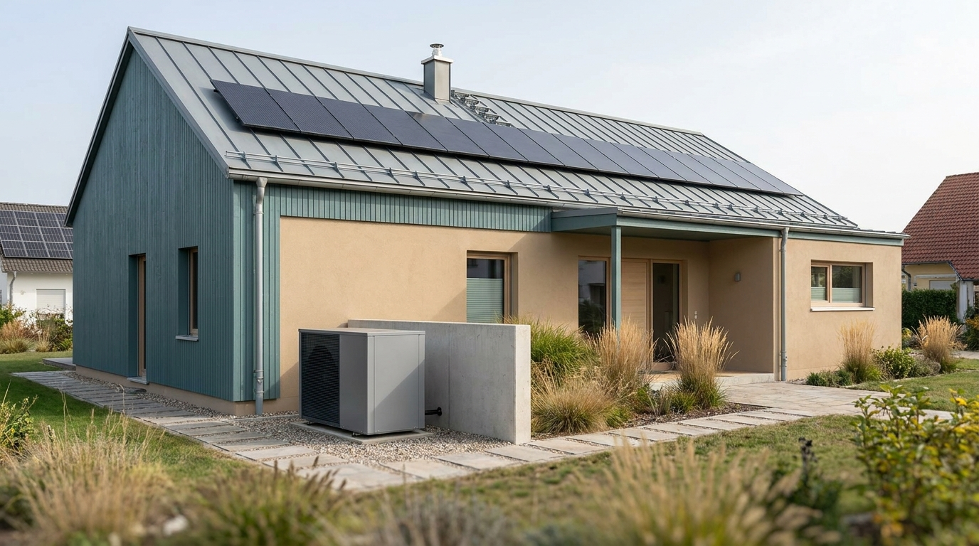 Modernes Wohnhaus mit Photovoltaik auf dem Dach und einer Wärmepumpe an der Hauswand.