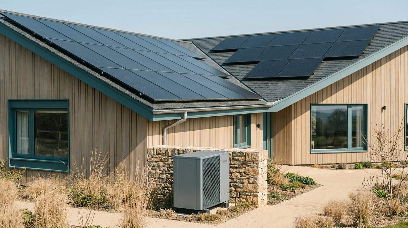 Hausdach mit Photovoltaik und einer Wärmepumpe am Fuß des Hauses.