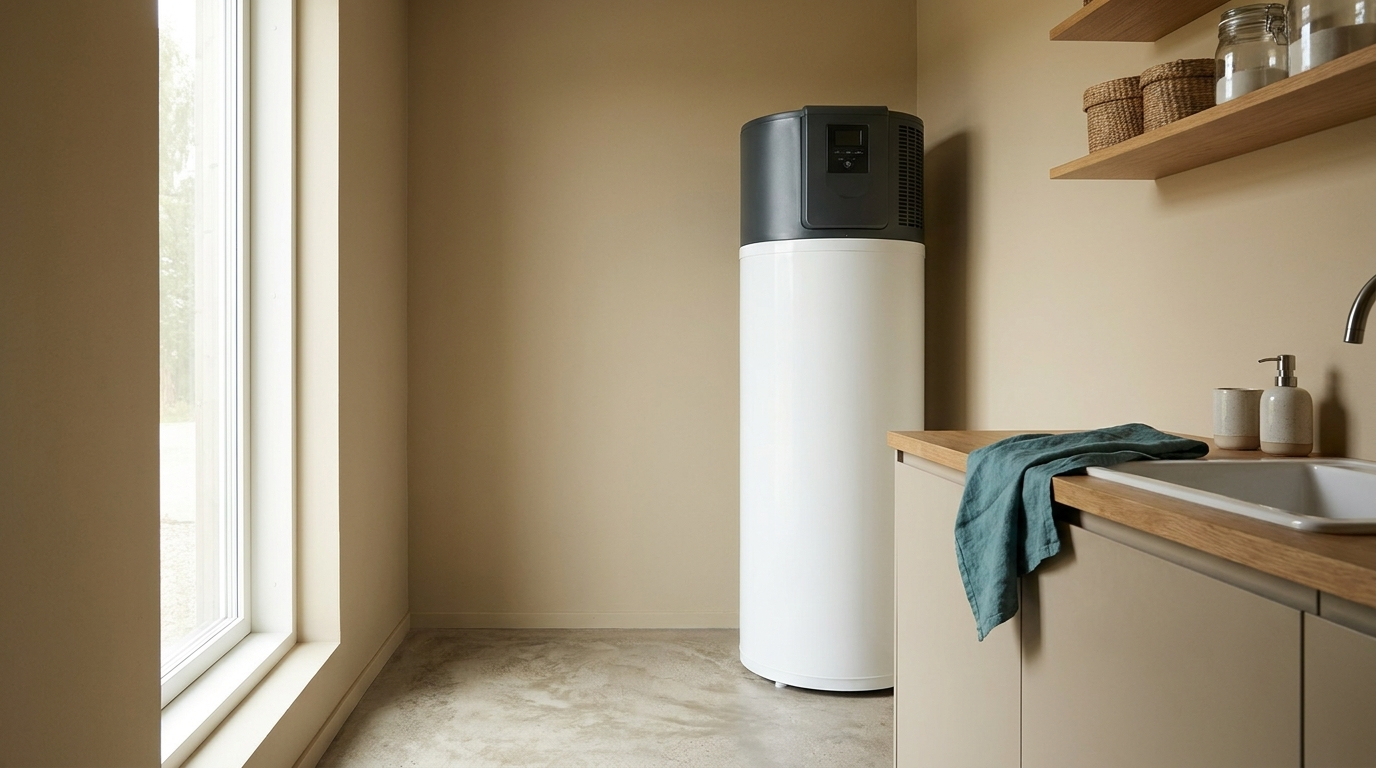 Stehende Warmwasser-Wärmepumpe als weißer Zylinder in einem aufgeräumten Hauswirtschaftsraum.