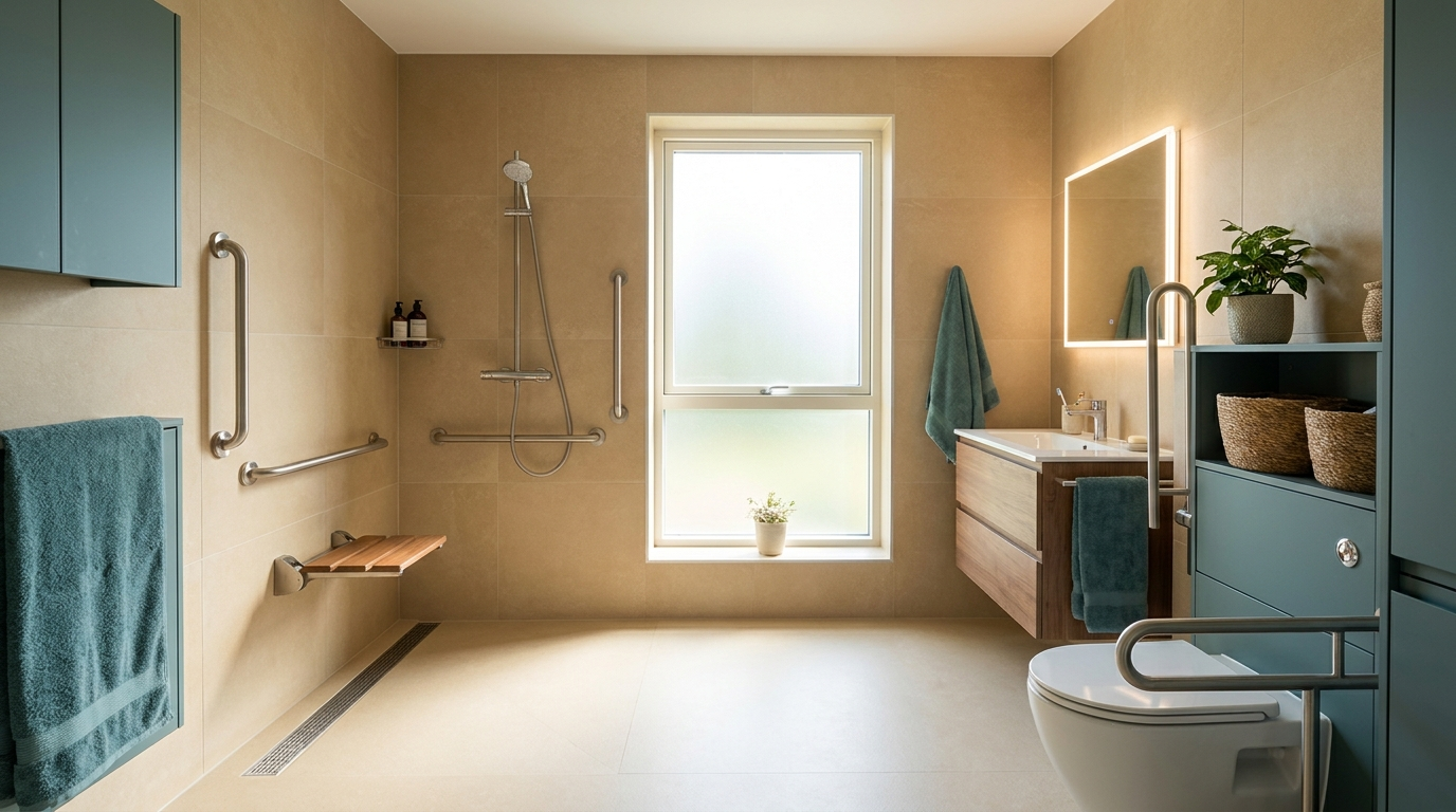 Barrierefreies Badezimmer mit bodengleicher Dusche und Haltegriffen.
